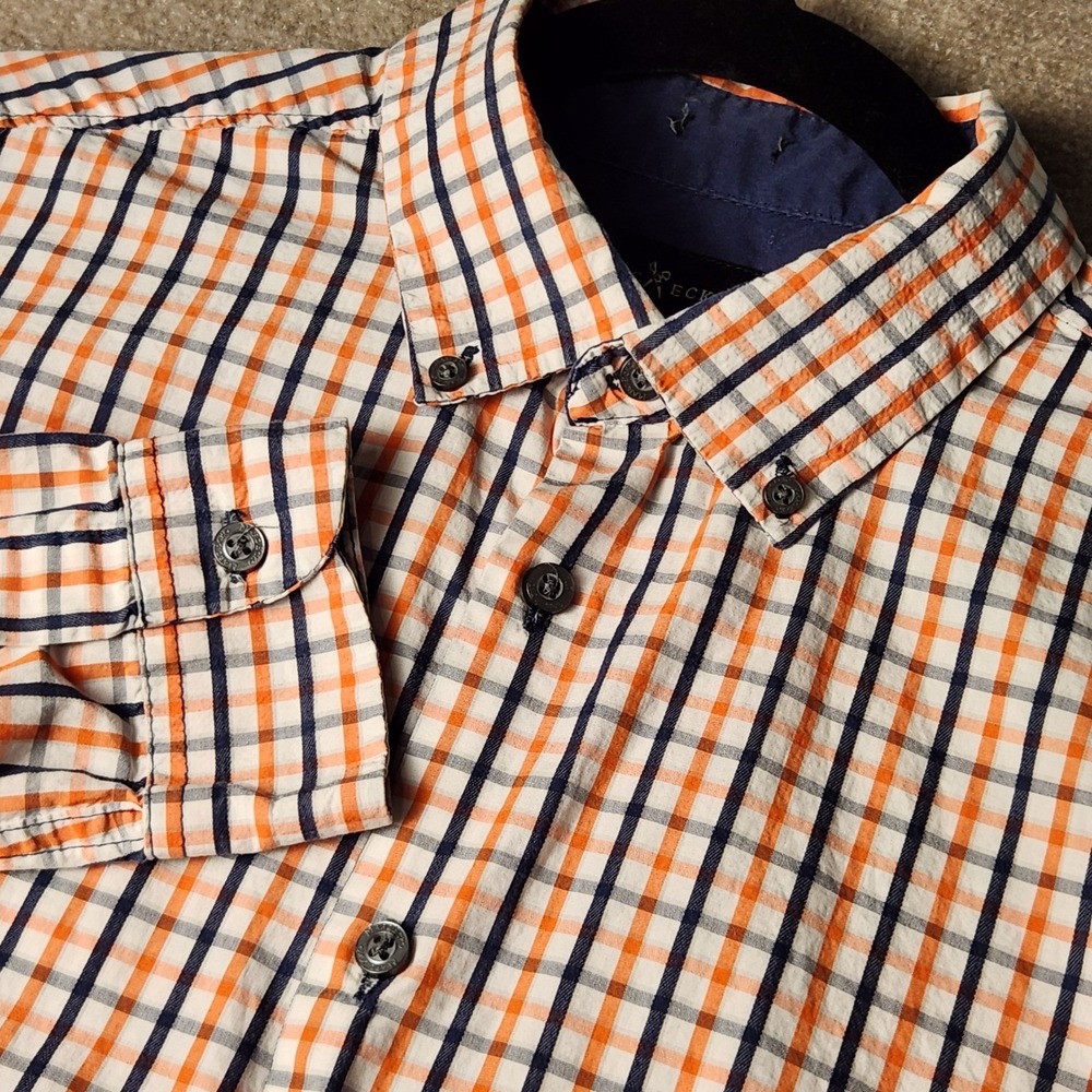 Marc Ecko Button Down Shirt Mens Medium Orange Navy  Plaid Excellent Long Slv